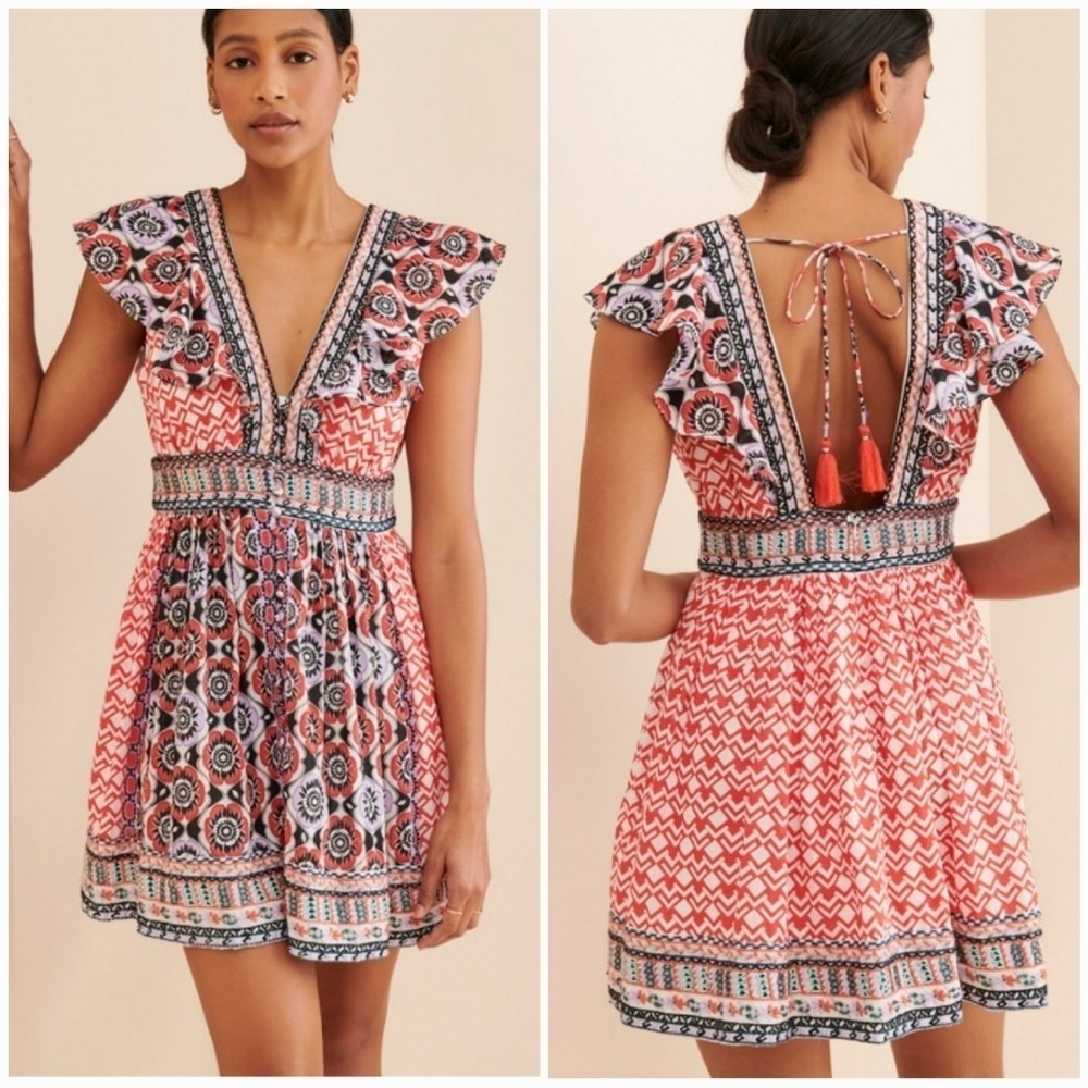 Anthropologie NEW Flutter Boho Embroidered Beaded Ruffle Tassel Tie Dress SZ 6